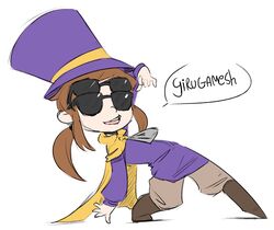  1girl a_hat_in_time boots brown_footwear brown_hair brown_pants cape commentary english_commentary full_body girugamesh_(meme) hat hat_kid jacket long_hair long_sleeves meme open_mouth pants ponytail purple_hat purple_jacket simple_background solo speech_bubble spicy_bardo sunglasses top_hat white_background yellow_cape zipper_pull_tab 