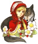  bee big_bad_wolf big_bad_wolf_(grimm) blonde_hair blue_eyes cloak flower food fruit grimm's_fairy_tales lace little_red_riding_hood little_red_riding_hood_(grimm) noja ribbon ribbons strawberries strawberry twintails wolf 