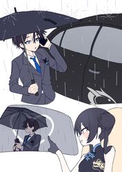  1boy 1girl absurdres black_hair blue_archive blue_eyes braid braided_bun china_dress chinese_clothes dress gloves hair_bun halo heart highres holding holding_umbrella je_o_mo kisaki_(blue_archive) necktie phone rain sensei_(blue_archive) suit twintails umbrella 