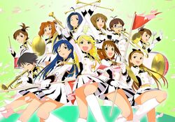  amami_haruka annindoufu_(oicon) band band_uniform baton boots confetti cymbals drum drums everyone flag futami_ami futami_mami hagiwara_yukiho hair_bobbles hair_ornament hat hoshii_miki idolmaster instrument jpeg_artifacts kikuchi_makoto kisaragi_chihaya majorette marching_band_baton minase_iori miura_azusa shako_cap takatsuki_yayoi trumpet twintails 