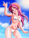  bikini hairband inferno_(nanbu14) king_of_fighters long_hair pink_hair red_eyes sky sun swimsuit wink 