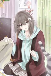  1girl black_pantyhose blue_hoodie cat_hair_ornament curtains drawstring eyes_visible_through_hair grey_eyes grey_skirt hair_ornament hairclip happi highres hood hoodie indoors japanese_clothes light_brown_hair long_sleeves looking_at_viewer medium_hair mouse_(animal) number-only_commentary on_bed open_clothes open_happi original pantyhose pleated_skirt red_happi seiza sitting skirt solo tenhana39 
