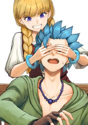  1boy 1girl bead_necklace beads blonde_hair blue_hair bow braid camus_(dq11) closed_eyes covering_another&#039;s_eyes dragon_quest dragon_quest_xi dress earrings green_robe highres hoop_earrings jewelry long_hair necklace open_mouth red_bow red_dress robe senzirou short_hair simple_background smile teeth twin_braids v-shaped_eyebrows veronica_(dq11) violet_eyes white_background 