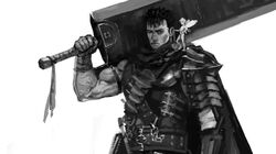  2boys af_cf armor berserk black_hair cloak elf fairy gloves greyscale guts_(berserk) highres holding holding_sword holding_weapon huge_weapon looking_at_viewer male_focus monochrome multiple_boys muscular muscular_male on_shoulder one_eye_closed over_shoulder pointy_ears puck_(berserk) scar scar_across_eye scar_on_face scar_on_nose short_hair shoulder_armor single_shoulder_pad standing sword upper_body weapon weapon_over_shoulder white_background 