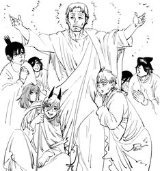  2girls 6+boys angel_devil_(chainsaw_man) aura black_hair chainsaw_man character_name character_request cigarette cloak commentary_request cosplay covering_own_mouth dated demon_horns denji_(chainsaw_man) eyepatch facing_to_the_side facing_viewer feet_out_of_frame grey_hair greyscale hair_between_eyes hayakawa_aki horns ireading jesus jesus_(cosplay) kishibe_(chainsaw_man) leaning_on_person long_bangs long_hair looking_at_another looking_at_viewer looking_to_the_side medium_bangs medium_hair monochrome multiple_boys multiple_girls one_eye_covered parted_lips power_(chainsaw_man) praying reze_(chainsaw_man) sharp_teeth short_bangs sidelocks signature simple_background smile solo_focus sweat teeth topknot white_background white_cloak white_hair 