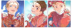  1boy blue_eyes bodysuit brown_hair commentary_request korean_commentary looking_at_viewer male_focus marvel marvel_cinematic_universe open_mouth peter_parker red_bodysuit senzzang short_hair sky smile spider-man spider-man:_no_way_home spider-man_(series) upper_body 