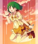  bad_id dress fang frills green_hair happy macross macross_frontier microphone orange_dress ranka_lee red_eyes riru short_hair thigh-highs thighhighs 