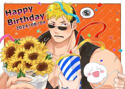  1boy blonde_hair blush bouquet confetti crooked_eyewear giving happy_birthday highres holding holding_bouquet katou_hsm153 large_hands large_pectorals looking_at_viewer male_focus multicolored_hair muscular muscular_male onogami_tetsuya pectoral_cleavage pectorals red_eyes scar scar_across_eye scar_on_face short_hair shy solo_focus spoken_squiggle squiggle tokyo_afterschool_summoners two-tone_hair undercut 