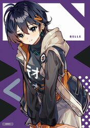  1girl absurdres artist_name belle_(zenless_zone_zero) black_shirt blue_hair breasts character_name chinese_commentary commentary_request cowboy_shot earrings english_text green_eyes guzangnanfeng hair_between_eyes hair_ornament highres jacket jewelry leaning_forward letter_hair_ornament long_sleeves looking_at_viewer multicolored_clothes multicolored_jacket partial_commentary purple_background shirt short_hair simple_background smile solo standing zenless_zone_zero 