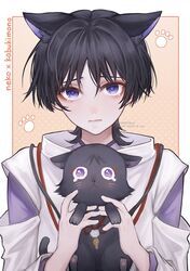  1boy absurdres animal_ears black_fur black_hair blunt_ends blush cat cat_ears closed_mouth genshin_impact hair_between_eyes highres japanese_clothes kimono long_sleeves male_focus oomisou pom_pom_(clothes) scaramouche_(genshin_impact) scaramouche_(kabukimono)_(genshin_impact) short_hair solo tears veil violet_eyes white_cat white_kimono 