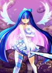  blue_eyes blue_hair el_(mushboom) gloves panty_&amp;_stocking_with_garterbelt pink_hair solo stocking_(character) stocking_(psg) stripes_i_&amp;_ii sword thighhighs weapon wings 