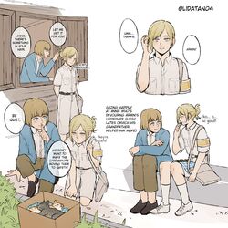  1boy 1girl annie_leonhart armband armin_arlert arms_behind_back bag black_footwear blonde_hair blue_eyes blue_jacket bob_cut brown_pants cat collared_shirt eating english_text finger_to_mouth grey_background hand_in_another&#039;s_hair hand_in_own_hair highres jacket kitten lida_(lidalida04) medium_hair pants shingeki_no_kyojin shirt short_hair short_sleeves shoulder_bag sitting smile swept_bangs updo white_footwear white_shirt window yellow_armband 