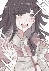  1girl :d apron bandaged_arm bandages collared_shirt crying danganronpa_(series) danganronpa_2:_goodbye_despair drooling heart heart-shaped_pupils highres long_hair pink_shirt shirt smile solo sparkle symbol-shaped_pupils teeth tsumiki_mikan two-tone_shirt upper_teeth_only white_background ym_43 