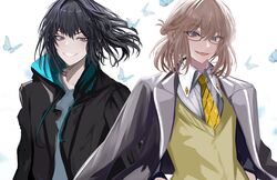  2boys antinese black_hair black_hoodie blue_butterfly blue_eyes brown_hair bug butterfly buttons collared_shirt fate/grand_order fate_(series) glasses green_vest grin hand_in_pocket hood hoodie jacket looking_at_viewer male_focus multicolored_clothes multiple_boys necktie oberon_(fate) oberon_(third_ascension)_(fate) shirt short_hair smile teeth vest yellow_necktie 