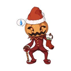  1other buttons cane chibi chibi_only christmas_stocking full_body fur-trimmed_headwear fur_trim hat holding_sock jack-o&#039;-lantern jakk_(ragnarok_online) looking_at_viewer open_mouth pants pointy_footwear pom_pom_(clothes) ragnarok_online red_footwear red_hat red_pants red_shirt santa_hat shirt simple_background solo spoken_sweatdrop standing sweatdrop transparent_background yuichirou 