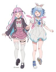  2girls animal_ear_legwear animal_ears backpack bag black_footwear blue_footwear blue_hair cat_ear_legwear closed_eyes commentary_request facing_viewer full_body highres holding_hands hololive jacket long_hair long_sleeves minato_aqua multicolored_hair multiple_girls open_clothes open_jacket open_mouth pink_hair rabbit_ears shirt shoes short_hair short_sleeves simple_background skirt smile socks streaked_hair thigh-highs thigh_strap usada_pekora vinhnyu virtual_youtuber walking white_background white_socks white_thighhighs zettai_ryouiki 