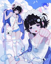  1girl :3 animal_ears bird black_eyes black_hair blue_jacket blue_shorts blunt_bangs camisole cat_ears cat_tail chibi clouds collarbone commentary crocs cumulonimbus_cloud dolphin_shorts english_commentary facial_mark fang frilled_hairband frills grin gyuing666 hair_ornament hairband highres holding holding_jacket holding_unworn_clothes jacket jitome light_blush loose_clothes medium_hair multiple_views off_shoulder onigiri_print open_mouth original outstretched_arm parted_lips power_lines ribbon shorts sitting smile socks solid_circle_eyes standing star_(symbol) star_print striped_clothes striped_thighhighs stuffed_toy tail tail_ornament tail_ribbon thigh-highs utility_pole vertical-striped_clothes vertical-striped_thighhighs whisker_markings white_camisole white_hairband white_socks white_tail 