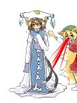  aiu animal_ears bad_id blonde_hair blood blush brown_hair cat_tail chen chen_(cosplay) cosplay costume_switch fox_tail hat multiple_girls multiple_tails nosebleed oversized_clothes sketch tail touhou yakumo_ran yakumo_ran_(cosplay) 