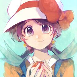  1girl :3 blue_eyes bow brown_hair closed_mouth earrings hat hat_bow holding holding_poke_ball jewelry kris_(pokemon) long_hair looking_at_viewer low_twintails lowres poke_ball pokemon pokemon_adventures portrait red_bow red_shirt shirt smile solo star_(symbol) star_earrings twintails white_hat yui_ko 