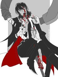  1boy 5boys beanie belt_chain black_coat black_eyes black_hair black_jacket black_nails black_pants blood blood_on_face blood_on_hands boots cigarette coat commentary dream_smp english_commentary fire grey_background grey_nails hair_between_eyes hat heterochromia highres holding holding_cigarette holding_lighter holding_weapon implied_yaoi jacket jschlatt karl_jacobs layered_sleeves leilavinodraws lighter long_sleeves looking_at_viewer male_focus medium_hair minecraft_youtube monochrome multiple_boys open_clothes open_coat open_jacket out_of_frame pants pointy_footwear quackity red_lining red_theme sapnap scar scar_on_arm scar_on_face shirt simple_background sitting sleeves_rolled_up smoking solo_focus spot_color suit_jacket third-party_source weapon white_background white_eyes white_shirt wilbur_soot 