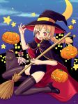 braid broom broom_riding cape cat halloween happy hat kimarin long_hair one-piece_swimsuit original pumpkin school_swimsuit swimsuit thigh-highs thighhighs witch_hat 