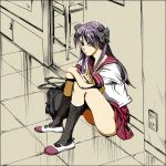  hiiragi_kagami lucky_star moire purple_hair ribbon ribbons school_uniform serafuku sitting twintails 