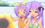  flower hiiragi_kagami hiiragi_tsukasa long_hair lucky_star pointing purple_hair ribbon ribbons short_hair sora_to_umi sunflower twintails 