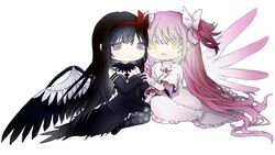  2girls akemi_homura akuma_homura angel_and_devil angel_wings argyle_clothes argyle_thighhighs armlet bare_shoulders black_collar black_dress black_footwear black_gloves black_hair black_thighhighs black_wings bow center_opening chest_jewel chibi choker cleavage_cutout closed_mouth clothing_cutout collar collarbone colored_eyelashes commentary detached_collar diamond_cutout dress elbow_gloves expressionless eyelashes feather-trimmed_dress feathered_wings frilled_dress frilled_sleeves frills gloves goddess_madoka gradient_wings hair_between_eyes hair_bow hairband heads_together holding_hands interlocked_fingers jewelry kaname_madoka long_dress long_hair looking_at_viewer mahou_shoujo_madoka_magica mahou_shoujo_madoka_magica:_hangyaku_no_monogatari multicolored_wings multiple_girls open_mouth pink_gemstone pink_hair pink_wings red_bow red_hairband shoes short_sleeves simple_background sitting space_print starry_sky_print strapless strapless_dress thigh-highs two-sided_dress two-sided_fabric two_side_up very_long_hair violet_eyes white_background white_bow white_choker white_dress white_gloves white_wings wide_sleeves winbow wings yellow_eyes yokozuwari 