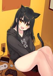 1girl :d animal_ears between_legs black_hair black_hoodie black_shorts black_t-shirt blush brown_eyes cat_ears cat_girl cat_tail controller cutoffs fang feet_out_of_frame game_controller hair_between_eyes hand_between_legs hood hood_down hoodie knees_up long_hair long_sleeves looking_at_viewer minamura_haruki on_floor original short_shorts shorts sitting sleeves_past_fingers sleeves_past_wrists smile solo tail twitter_username