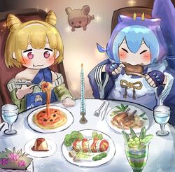  2girls absurdres apron blonde_hair blue_hair closed_eyes cup dragon_girl dragon_horns duel_monster eating fish_(food) food green_jacket hatano_kiyoshi highres horns jacket juice lamb_chops laundry_dragonmaid maid multiple_girls muscular muscular_female overalls parfait pasta pudding red_eyes sashimi sitting spaghetti wa_maid witchcrafter_potterie yu-gi-oh! 