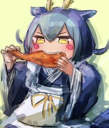  1girl apron blue_hair blue_kimono chicken_(food) chicken_leg dragon_girl dragon_horns duel_monster eating food hatano_kiyoshi holding holding_food horns japanese_clothes kimono laundry_dragonmaid maid maid_apron solo wa_maid yellow_eyes yu-gi-oh! 