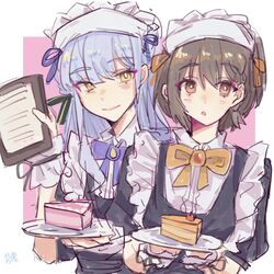  2girls apron bang_dream! bang_dream!_it&#039;s_mygo!!!!! black_dress blue_bow blue_bowtie blue_hair blush bow bowtie bright_pupils brown_eyes cake cake_slice chinese_commentary closed_mouth collared_dress commentary_request dress duibuqi_wo_shenme_ye_shuo_bu_chukou food grey_hair highres holding holding_plate long_hair maid maid_apron maid_headdress multiple_girls parted_lips pink_background plate short_hair short_sleeves smile takamatsu_tomori togawa_sakiko two-tone_background white_background white_pupils yellow_bow yellow_bowtie yellow_eyes 