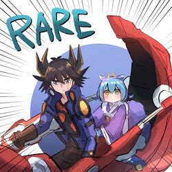  1boy 1girl apron blue_hair dragon_girl dragon_horns dragon_tail duel_monster english_text fudo_yusei hatano_kiyoshi highres horns laundry_dragonmaid looking_at_viewer maid motor_vehicle motorcycle open_mouth spiky_hair tail wa_maid yellow_eyes yu-gi-oh! yu-gi-oh!_5d&#039;s 