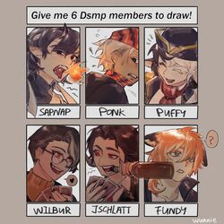  1girl 5boys ? absurdres animal_ears animification balaclava bespectacled bishounen black_hair black_hat blue_eyes bottle breath_weapon breathing_fire brown_hair captainpuffy card character_name chinese_commentary closed_eyes commentary_request dark-skinned_male dark_skin demon_boy dream_smp dropsbyponk english_text fire fox_boy fox_ears fundy_(youtuber) glasses grey_background hair_between_eyes hat headband highres holding holding_bottle holding_card horns humanization jacket jschlatt long_hair looking_at_viewer lumwunnie male_focus minecraft_youtube multicolored_hair multiple_boys multiple_drawing_challenge open_clothes open_jacket open_mouth orange_hair pirate playing_card red_eyes round_eyewear sapnap sheep_boy sheep_ears sheep_girl sheep_horns short_hair six_fanarts_challenge smile speech_bubble split-color_hair spoken_question_mark streaked_hair suit sweater tongue turtleneck turtleneck_sweater two-tone_hair white_hair white_headband wilbur_soot yellow_sweater 