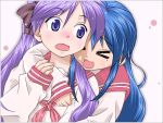  blue_eyes blue_hair hiiragi_kagami hiyama_you hug izumi_konata long_hair lucky_star mole purple_hair school_uniform serafuku twintails 