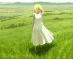  closed_eyes dress grass landscape mizu_asato nature scenery see-through white_dress 