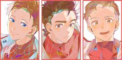 1boy blue_eyes bodysuit brown_eyes brown_hair close-up closed_mouth commentary_request korean_commentary light_brown_hair looking_at_viewer male_focus marvel marvel_cinematic_universe open_mouth peter_parker red_bodysuit senzzang simple_background smile spider-man spider-man:_no_way_home spider-man_(series) spider_web_print superhero_costume thick_eyebrows white_background 
