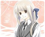  blonde_hair bow grey_eyes kurasawa_moko long_hair necktie ponytail ribbon ribbons school_uniform smile yuki_(artist) 