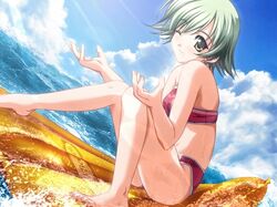  barefoot bikini cloud dutch_angle feet fujimiya_hiroya game_cg green_eyes green_hair inflatable_raft mole pia_carrot pia_carrot_(series) pia_carrot_3 pia_carrot_e_youkoso!!_3 sasaki_mutsumi short_hair sitting sky smile solo splash swimsuit water wet wink 