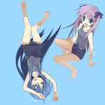  ahoge bad_id barefoot blue_eyes blue_hair closed_eyes floating hiiragi_kagami izumi_konata long_hair lucky_star mole one-piece one-piece_swimsuit purple_hair ribbon ribbons school_swimsuit sobako swimsuit twintails water 