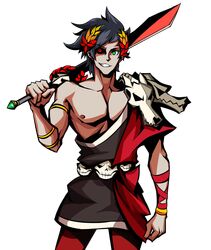  1boy ancient_greek_clothes greco-roman_clothes green_eyes hades_(series) heterochromia holding holding_sword holding_weapon laurel_crown red_eyes rsutibu simple_background single_bare_shoulder skull solo sword weapon white_background zagreus_(hades) 