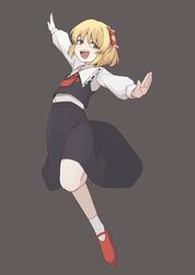  1girl ascot black_vest blonde_hair bow dress frills grey_background hair_bow hair_ribbon highres jamble04126992 knee_up long_sleeves looking_to_the_side open_mouth outstretched_arms red_eyes red_footwear red_ribbon ribbon rumia sharp_teeth shirt short_hair simple_background socks solo teeth touhou vest white_shirt white_socks 