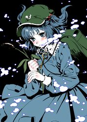  absurdres air_bubble backpack bag blue_eyes blue_hair blue_jacket blue_skirt blush breasts bubble cabbie_hat cattail flat_cap frilled_shirt_collar frills green_bag green_hat hair_bobbles hair_ornament hat highres holding holding_plant jacket jewelry kawashiro_nitori key key_necklace kuya_(hey36253625) long_sleeves looking_at_viewer medium_hair necklace plant pocket puffy_sleeves shirt skirt small_breasts solo touhou two_side_up underwater white_shirt 