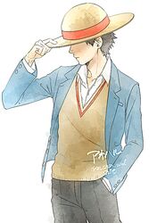  1boy black_hair black_pants blue_jacket closed_mouth collarbone collared_shirt commentary_request covered_eyes hand_in_pocket hat holding holding_hat holding_unworn_clothes hungry_days jacket long_sleeves looking_to_the_side male_focus monkey_d._luffy nakumonaga_uma one_piece open_clothes open_jacket pants profile school_uniform shirt short_hair solo straw_hat sweater_vest twitter_username white_background white_shirt 