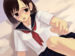  brown_eyes brown_hair dutch_angle hands outstretched_arm outstretched_hand reaching school_uniform serafuku short_hair 