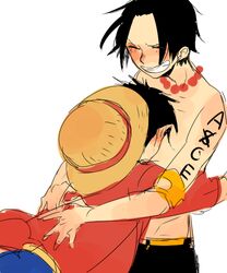  2boys ^_^ back belt black_hair black_shorts blue_shorts closed_eyes commentary_request elbow_pads freckles hat hug jewelry jump_(ah0029) male_focus monkey_d._luffy multiple_boys necklace one_piece pearl_necklace portgas_d._ace red_shirt shirt short_hair shorts simple_background single_elbow_pad smile straw_hat topless_male white_background 