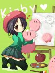  adeleine apple apples art_brush beret black_hair black_legwear brown_eyes dark_matter food fruit hat heart hug kirby kirby_(series) kirby_64 nintendo paint paintbrush palette panties pantyshot seductive_smile short_hair skirt striped striped_panties thigh-highs thighhighs underwear 