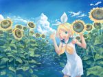  blue_eyes cloud clouds flower isou_nagi kagamine_rin ribbon ribbons short_hair sky sunflower vocaloid wink 