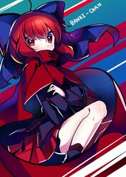  1girl black_shirt bow breasts cape cloak closed_mouth commentary_request full_body hair_bow kujou_mikuru looking_at_viewer miniskirt one-hour_drawing_challenge red_cape red_cloak red_skirt redhead ribbon sekibanki shirt short_hair skirt solo touhou 