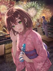  3girls blonde_hair brown_hair fireworks floral_print green_eyes green_kimono hair_ornament hairclip highres japanese_clothes kimono long_hair macha0331 medium_hair multiple_girls night night_sky obi open_mouth original outdoors pink_kimono ponytail purple_hair purple_kimono ramune sash short_hair sky smile solo_focus wide_sleeves yukata 